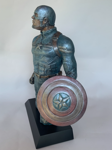 Stoneware Sculpture of Captain America | Super Hero | Shield in Hand |Stands Ready to defend the world.