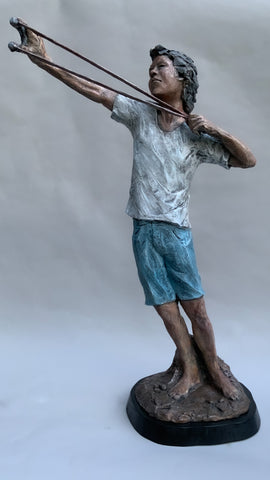 Taking Aim | Stoneware Sculpture | Boy Draws His Sling-Shot to Full Extent | Ready to Fire!