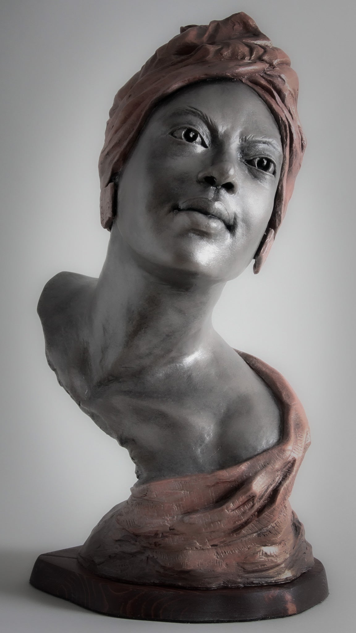 Belle | Beautiful Woman | Black | African | Portrait Sculpture | Stoneware | Terra Cotta | Bust | Cool Head Wrap | Off the Shoulder | Shawl