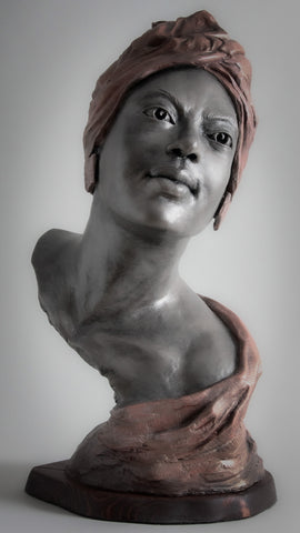 Belle | Beautiful Woman | Black | African | Portrait Sculpture | Stoneware | Terra Cotta | Bust | Cool Head Wrap | Off the Shoulder | Shawl