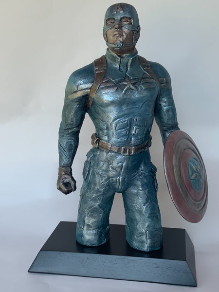 Stoneware Sculpture of Captain America | Super Hero | Shield in Hand |Stands Ready to defend the world.