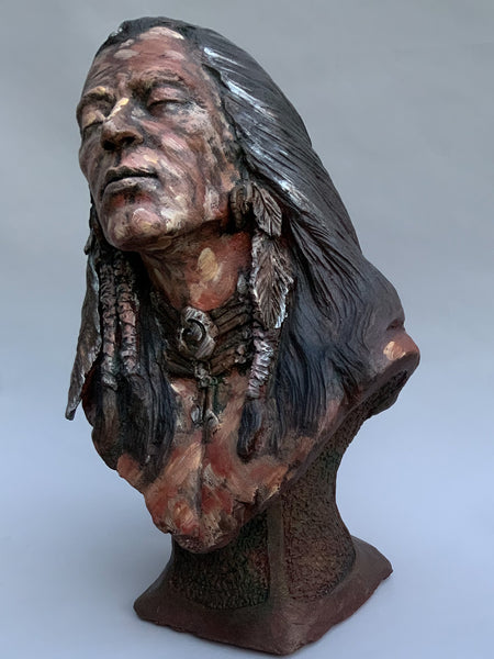 Beautiful 1/2 life size sculpture | Rising Sun | Stoneware | Tribute To the Native American | Hunter | Tribesman | Eyes closed | Head tilted slightly | Enjoying the first rays of morning sun.