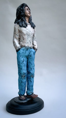 Little Dreads | Study in Sculpey | Figurine |  Young man | in blue jeans | white slim fit sweater |  Hands in pants pockets | looking heavenward
