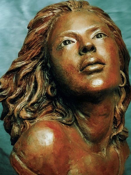 Bronze - terra cotta custom made sculpture of a long haired beautiful woman 