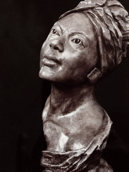 Belle | Beautiful Woman | Black | African | Portrait Sculpture | Stoneware | Terra Cotta | Bust | Cool Head Wrap | Off the Shoulder  | Shawl