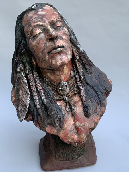 Beautiful 1/2 life size sculpture | Rising Sun | Stoneware | Tribute To the Native American | Hunter | Tribesman | Eyes closed | Head tilted slightly | Enjoying the first rays of morning sun.