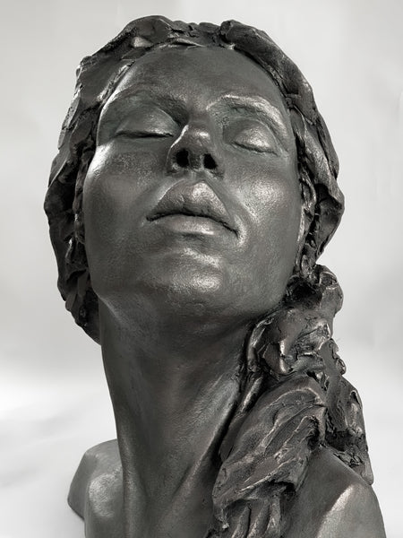A Moment of Peace | Stoneware Sculpture | Bust of Woman | Long Hair | Eyes Closed | Prayer | Praying | Peaceful 