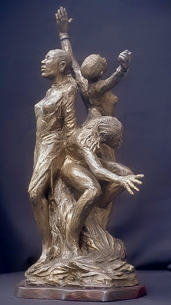 Freedom Cry | Stoneware Sculpture | Black History | Slavery | Emancipation | Three Women depicted | One being torn for her family, reaching out in anguish | Another with arms outstretched, with her chains broken | another standing tall and proud making her way in the modern world 