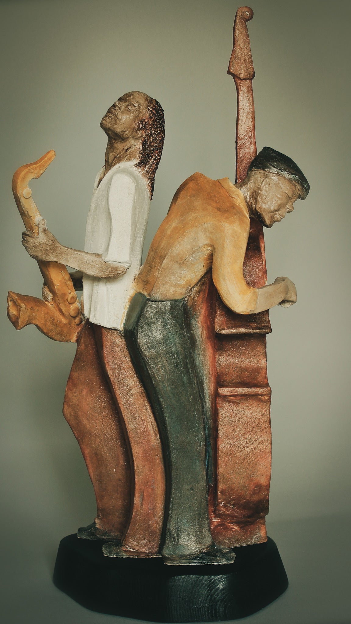 * Harmonizing In D | Stoneware Sculpture | Saxist & Bassist Pause to Rest Between Beats
