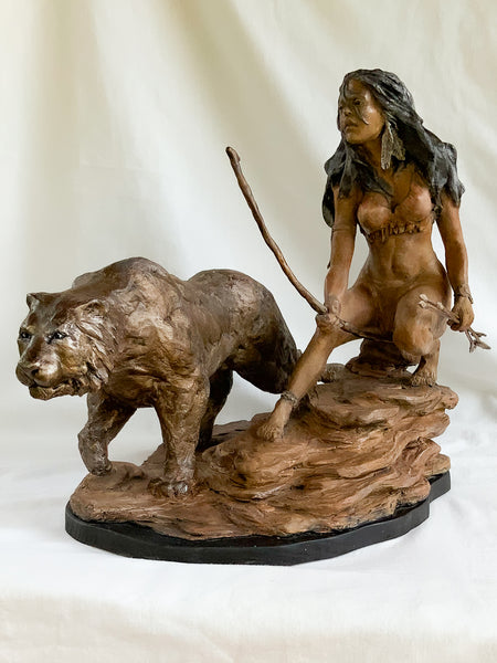 Brave | Stoneware Sculpture | Native American | Canadian | Female Warrior with bow in one hand and a quiver of arrows in the other | With Mystical Panther-Like Companion | Crouched in position ready to attack.