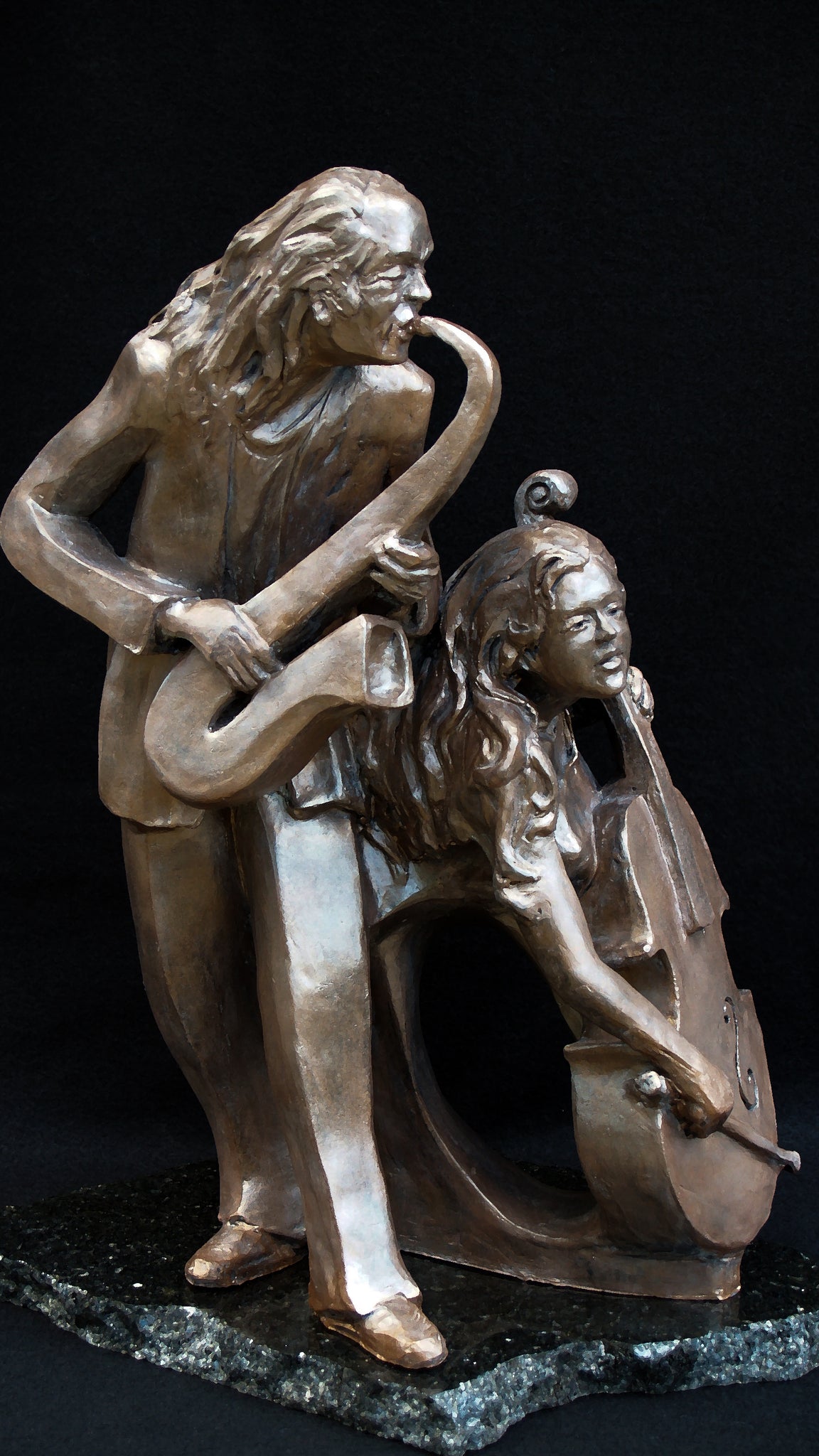 Taking Notes From Dad | Father & Daughter | Create Musical Harmony  |  Stoneware Sculpture | Musicians | Jazz | Blues | Rhythm & Blues Players | Harmonizing in Blues | Blues Musicians | Smooth Sax Solo| Rhythmic Bass Line | by Headley Sculptures | Wayne Headley | Bronze Limited Edition | Resin | Black Art | Blues | Jazz | R&B | Soul | Inspiration