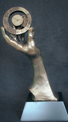 Custom Resin Award | Bronze Patina | Abstract Clock in Hand | On Walnut Base 